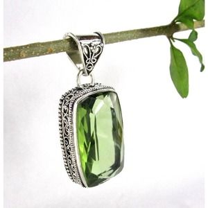 Green Tourmaline Simulated Pendant Silver Bohemian Gypsy NEW Big Crystal Stone